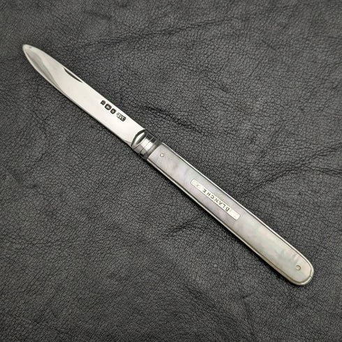 1890 British Antique White Pearl Shell Handle Pure Silver Blade Folding Pen Knife